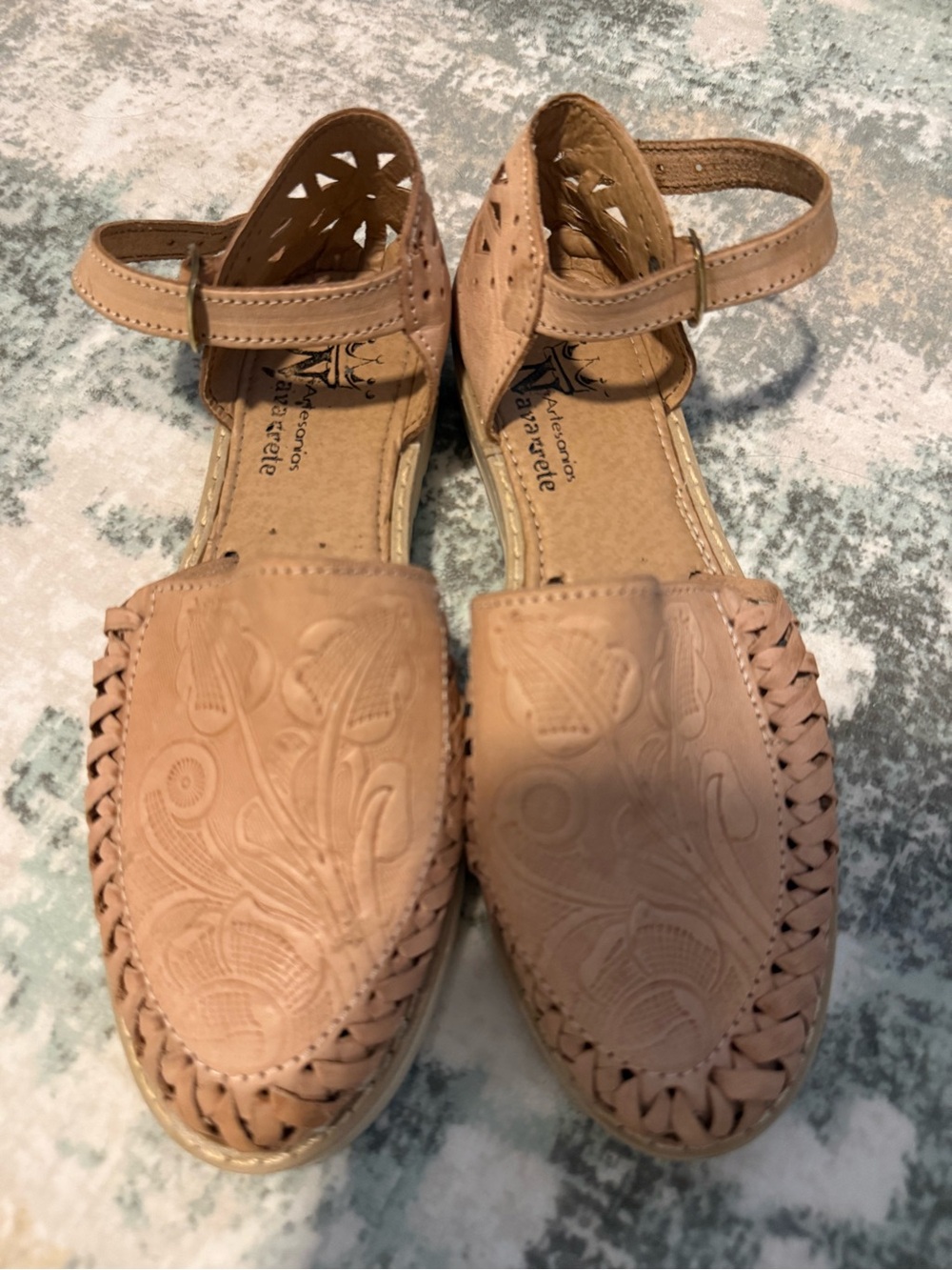 Hand-Tooled Beige Leather Huarache Sandals with Ankle Strap